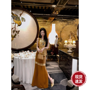 雅乔【璀璨华光】秋冬新款重工珠片刺绣丝绒马甲外套半身裙女