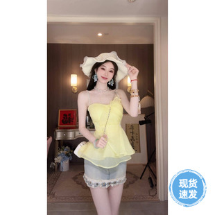 Sun雅乔 百搭贝壳亮片蕾丝牛仔短裙a字半身裙 夏季 甜美少女风时尚