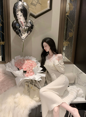 Sun雅乔【梦入江南】秋冬新款长袖含羊毛中长款毛衣V领针织连衣裙