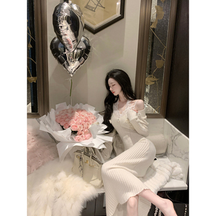 含羊毛中长款 Sun雅乔 长袖 秋冬新款 毛衣V领针织连衣裙 梦入江南