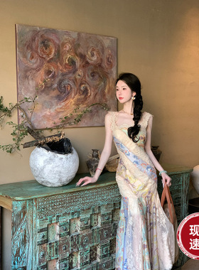 Sun雅乔【十四行诗】夏装小众设计师款蕾丝拼接修身鱼尾连衣长裙