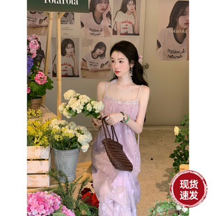 Sun雅乔 宽松A字裙立体小花少女感雪纺纱吊带连衣裙 夏日序幕