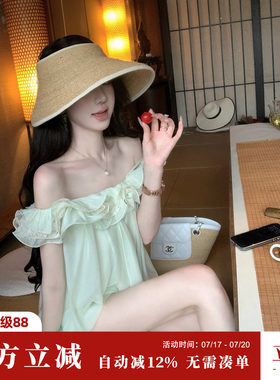 Sun雅乔【等风来】夏季娃娃衫蕾丝荷叶边一字肩花苞吊带上衣女