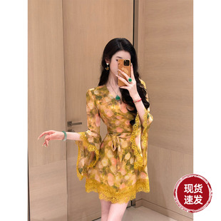 双版 Sun雅乔 九分袖 早秋新款 本蕾丝鎏金印花连衣短裙 花期如梦