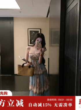 Sun雅乔【黄金海岸】夏季异域欧式度假印花大摆蛋糕裙吊带连衣裙