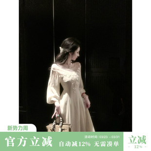 长袖 春装 清冷感钉珠亮片网纱拼雪纺连衣长裙 月落无声 Sun雅乔