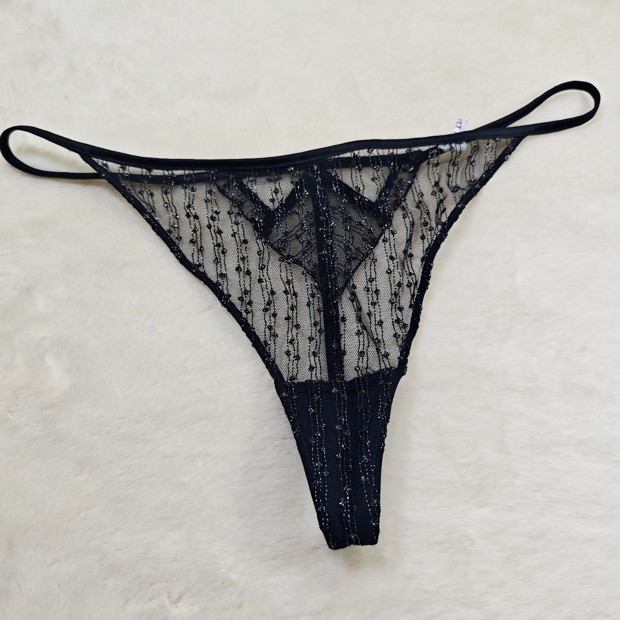 ML#样版高及感银丝线刺绣网纱透视性感美臀丁字裤一根细带