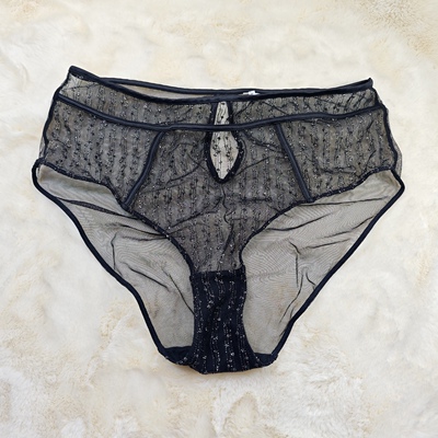 M码样版高及银丝线珠链花纹刺绣透视性感三角内裤中腰