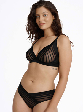 70DEF75E北欧ESO黑色条纹网纱性感深V超薄钢圈文胸