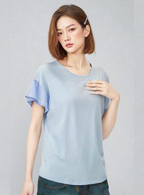 女士全棉薄款荷叶短袖 清新蓝夏款女装 柔软薄棉宽松休闲小T恤