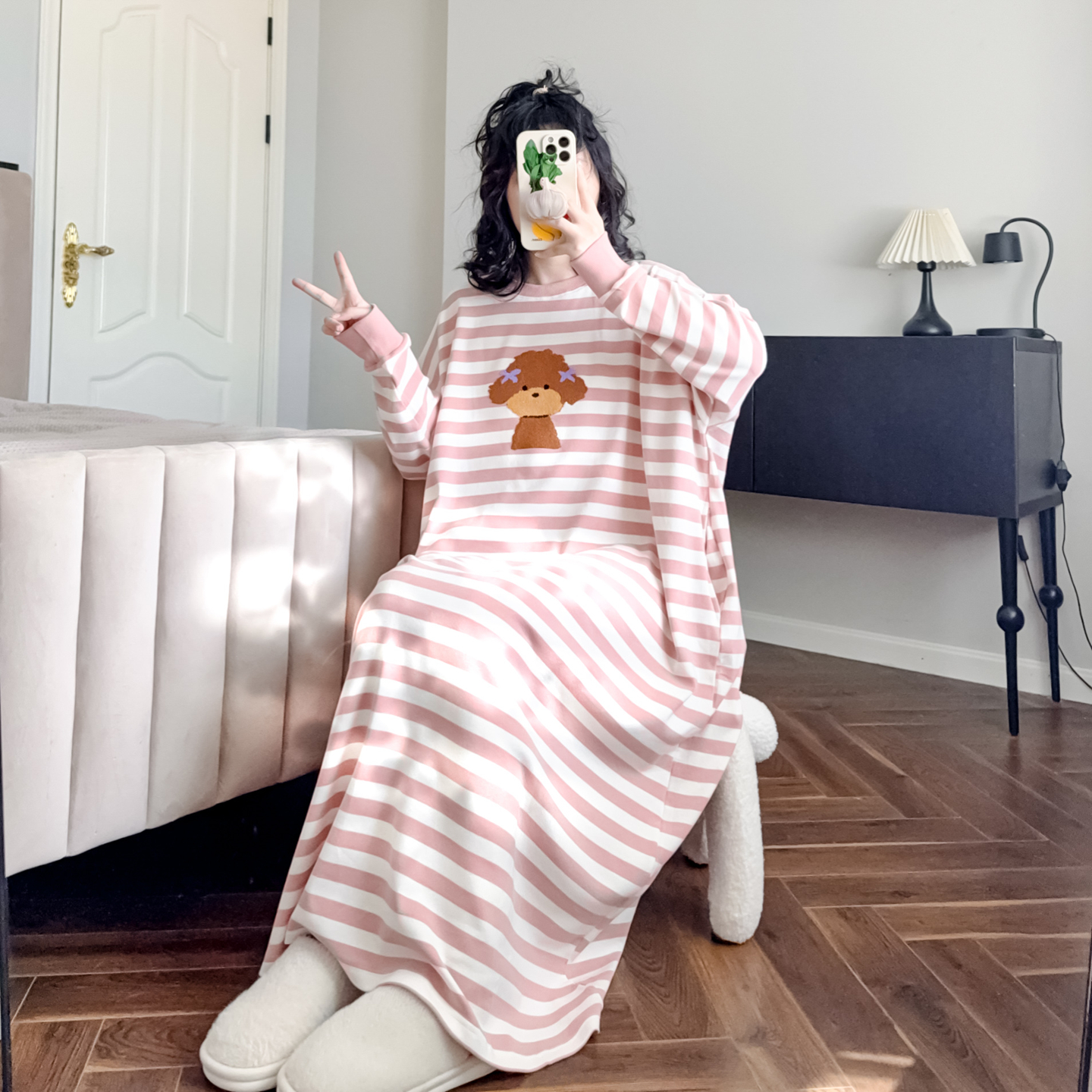 韩系大版睡裙女春秋长裙宽松睡衣