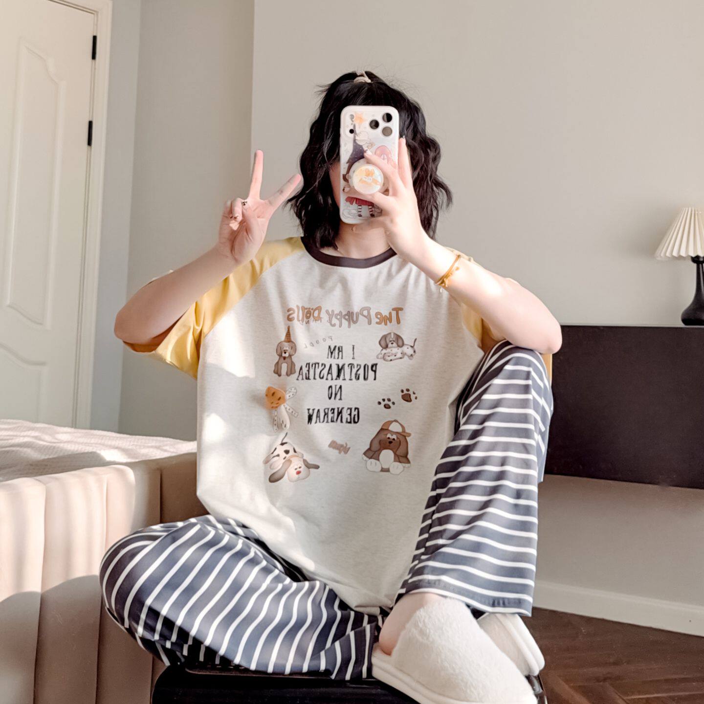 条纹哈伦裤卡通睡衣女夏款纯棉短袖长裤薄款宽松可外穿家居服春夏