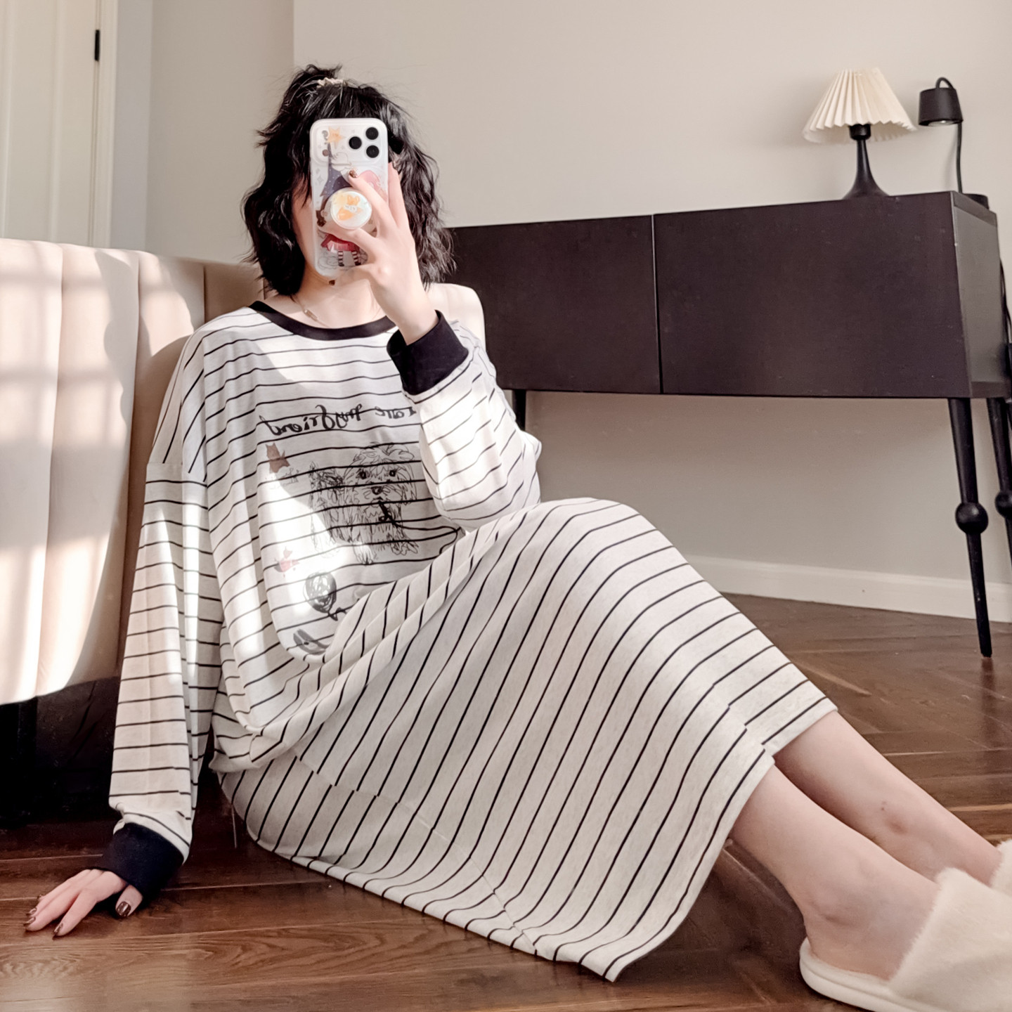 简约卡通条纹睡裙女长袖纯棉宽松韩版圆领可爱长款睡衣家居服春秋