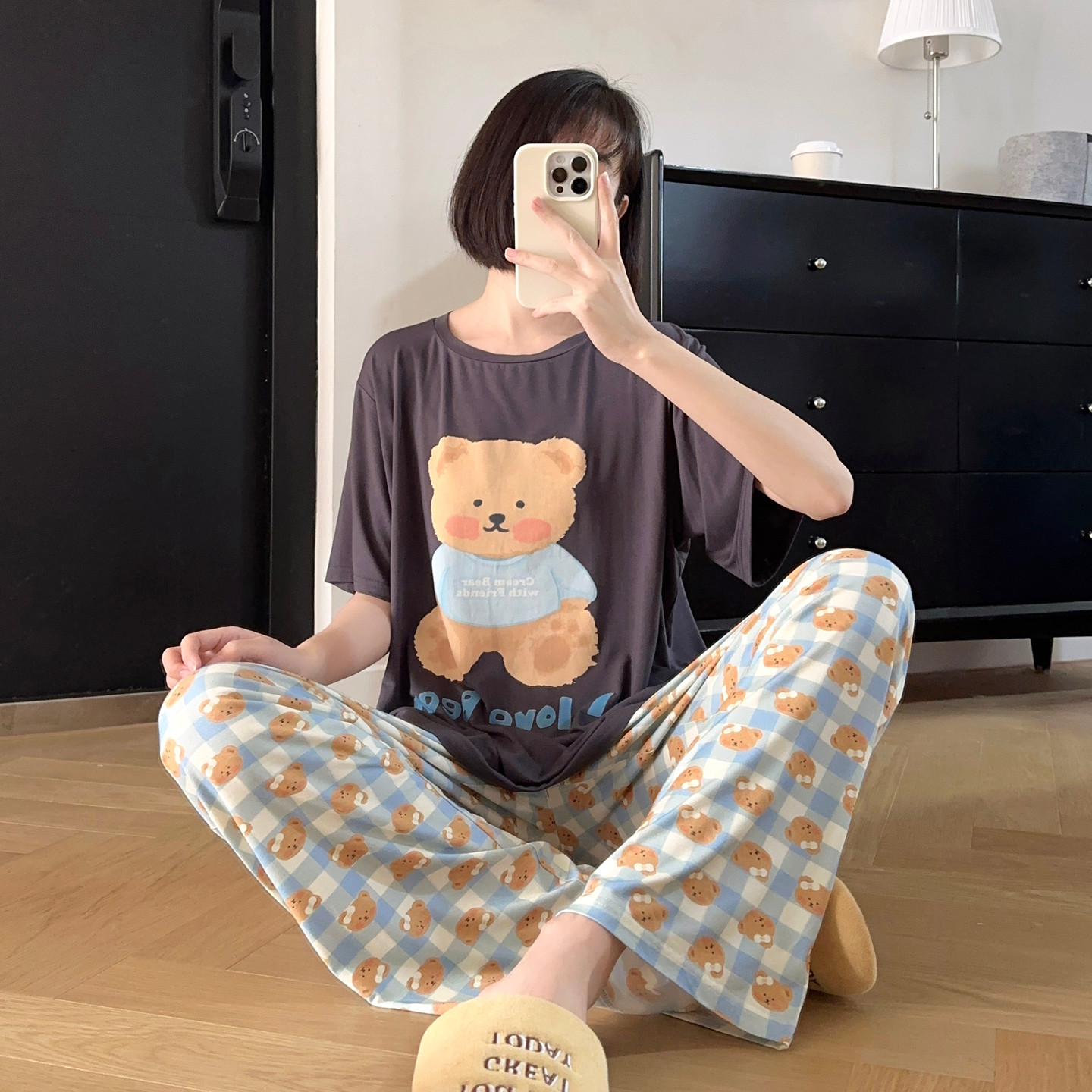 凉感薄款~莫代尔睡衣女夏季短袖长裤套装新款可外穿宽松家居服春