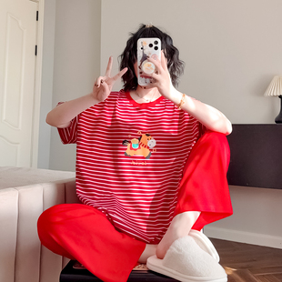 红色小马本命年睡衣女款春夏季纯棉短袖长裤新款套装家居服过年服