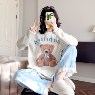 可外穿全棉宽松休闲家居服秋 套装 可爱小熊春秋新款 睡衣女纯棉长袖