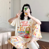 日系可外穿薄款 长裤 圆领套头家居服 莫代尔短袖 卡通油画睡衣女夏季
