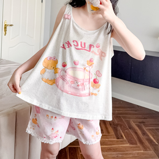 可爱家居服夏 日系甜美睡衣女夏季 纯棉新款 可外穿吊带背心短裤 套装