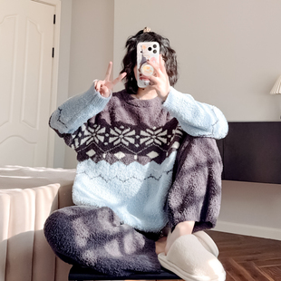 费尔岛毛衣睡衣女款长袖秋冬加厚保暖半边绒家居服可外穿软绵绵春