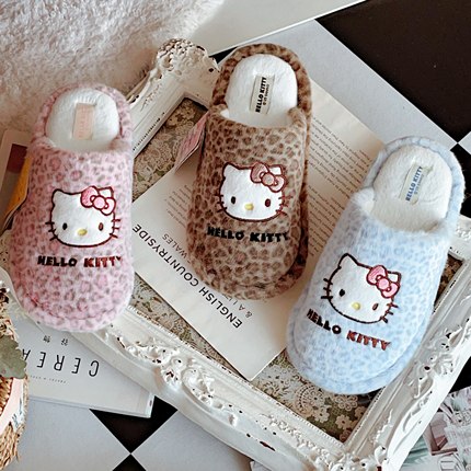 日式可爱HelloKitty豹纹毛毛拖鞋女秋冬季室内防滑保暖居家棉拖