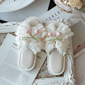 法式 女夏天地板凉拖 防滑透气居家鞋 郁金香蝴蝶结亚麻拖鞋 春秋四季