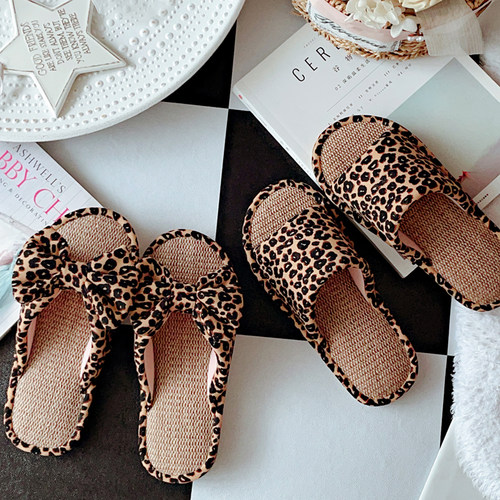 酷美豹纹蝴蝶结亚麻拖鞋情侣居家