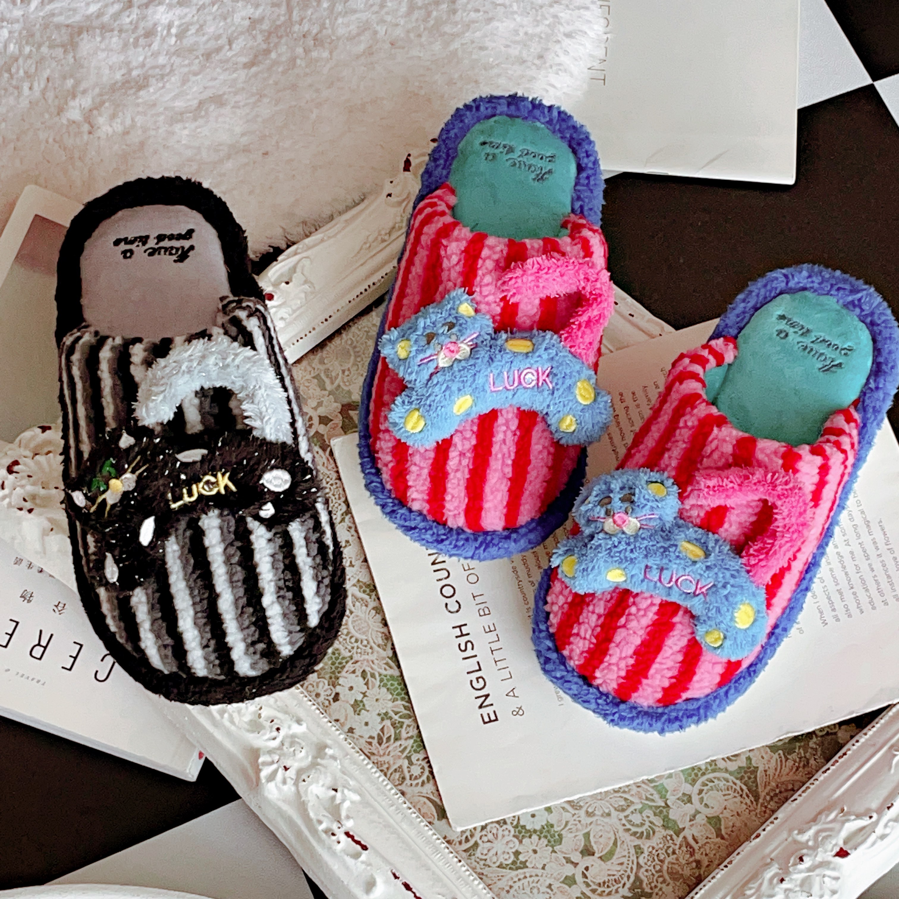 个性条纹猫咪情侣家居棉拖鞋秋冬季室内防滑保暖居家女毛毛鞋ins,居家布艺,居家棉拖/棉鞋,淘宝优惠券,粉丝福利购,淘宝优惠卷