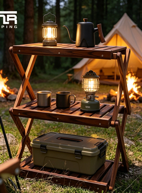 TNR户外实木三层折叠置物架户外露营多功能收纳架