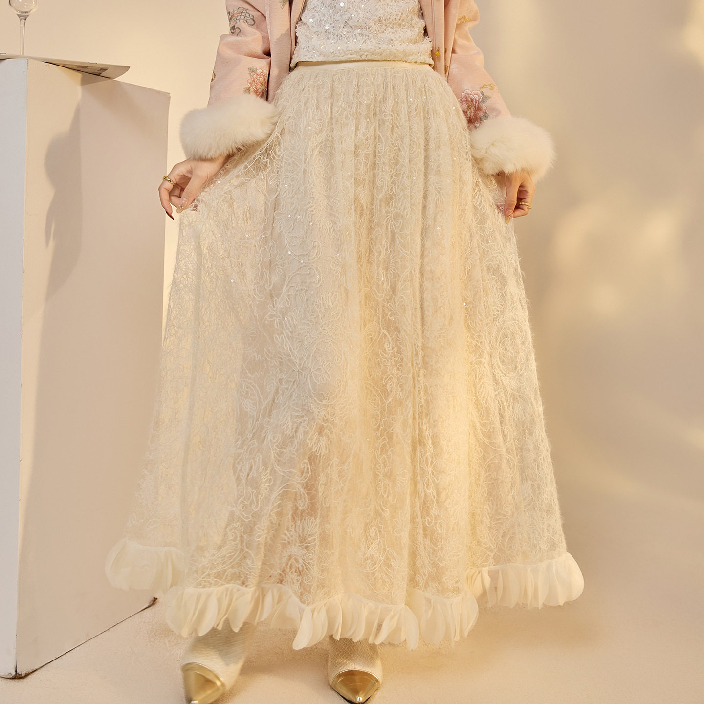 新中式亮片拉毛蕾丝花瓣长裙秋冬加绒加厚大摆半身裙国风保暖伞裙