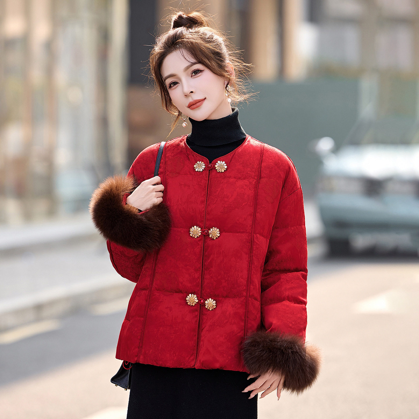 新中式狐狸毛袖提花羽绒服女外套