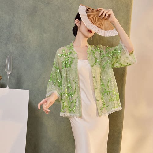新中式重工亮片钉珠蕾丝外套女夏