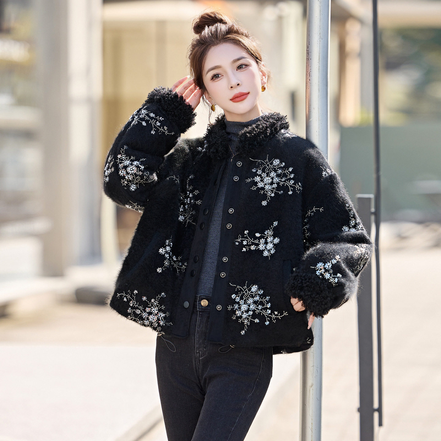 重工亮片钉珠兔毛棉衣女轻奢棉服