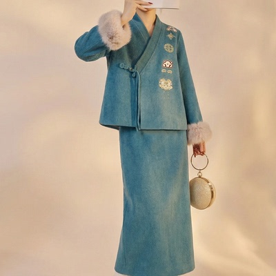 新中式狐狸毛羊毛外套马面裙套装