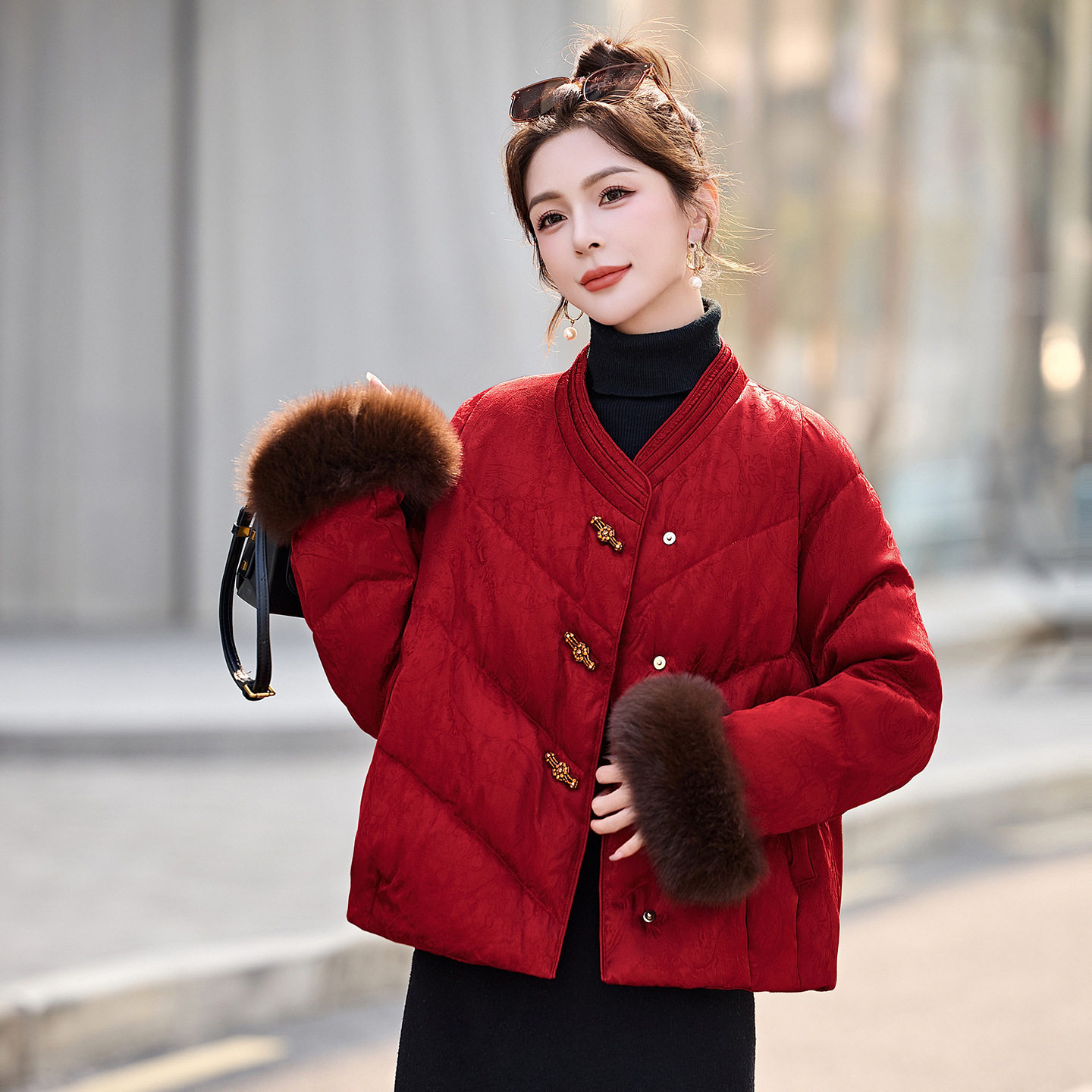 新中式狐狸毛袖提花羽绒服女外套