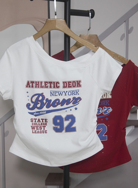 洋气辣妹风斜肩露肩短袖T恤女字母印花亮闪带闪潮流上衣潮267120