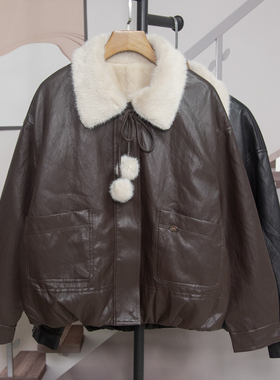 时尚减龄翻领加绒PU皮衣外套女2025秋冬新款宽松百搭外套上衣G603