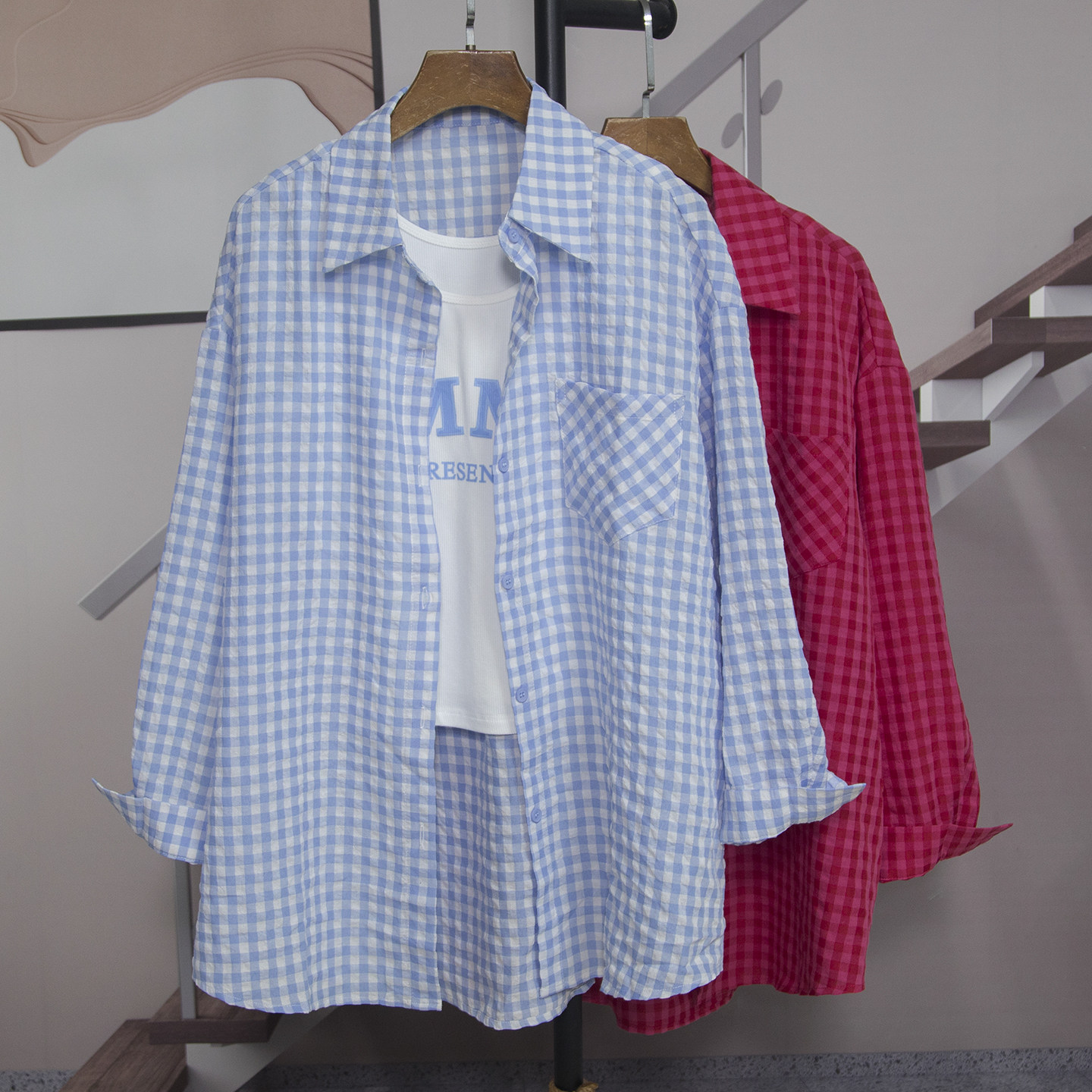 清新格子衬衫背心两件套女2026春季新款长袖宽松百搭防晒衬衣3630