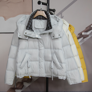 宽松百搭外套潮3003 新款 时尚 连帽格子拼接白鸭绒羽绒服女2025冬季
