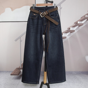 加绒复合绒百搭长裤 复古高腰窄版 新款 女2025冬季 潮F281 直筒牛仔裤