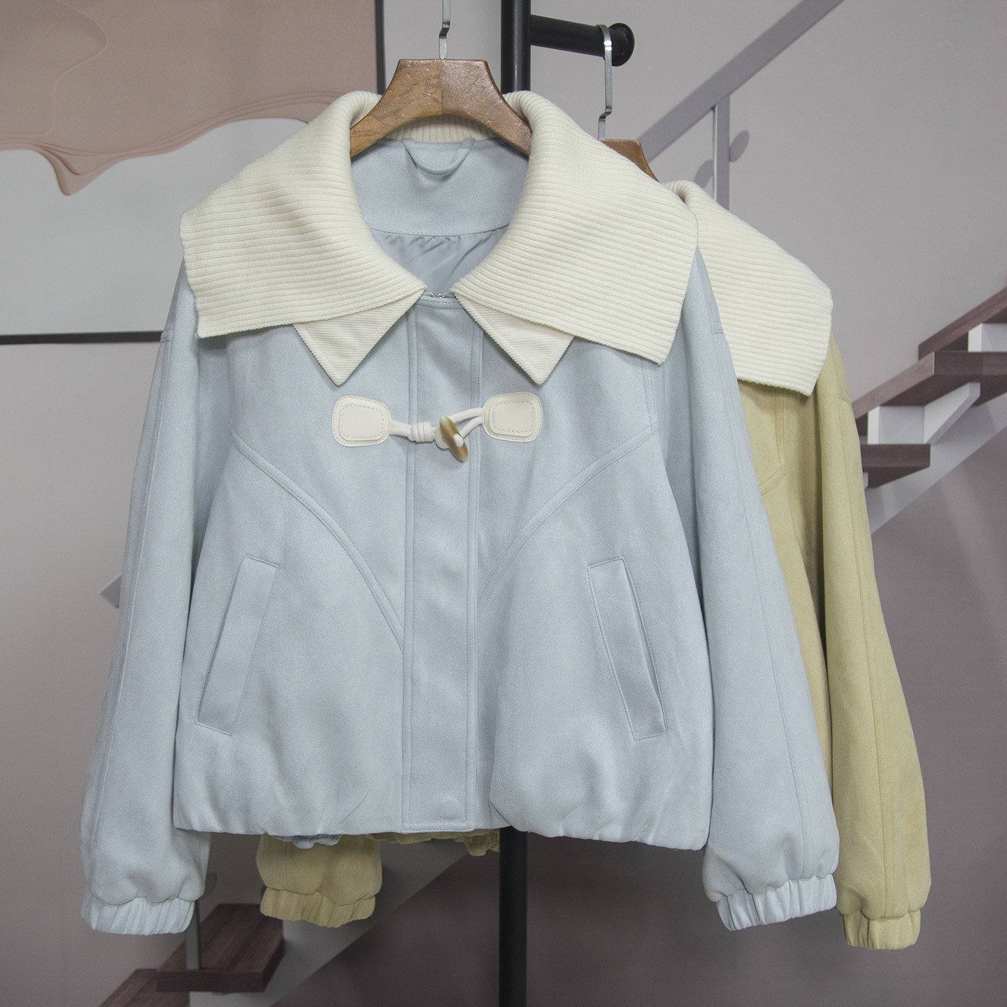 学院风双层领牛角扣外套女2026春季新款时尚减龄百搭夹克潮50555