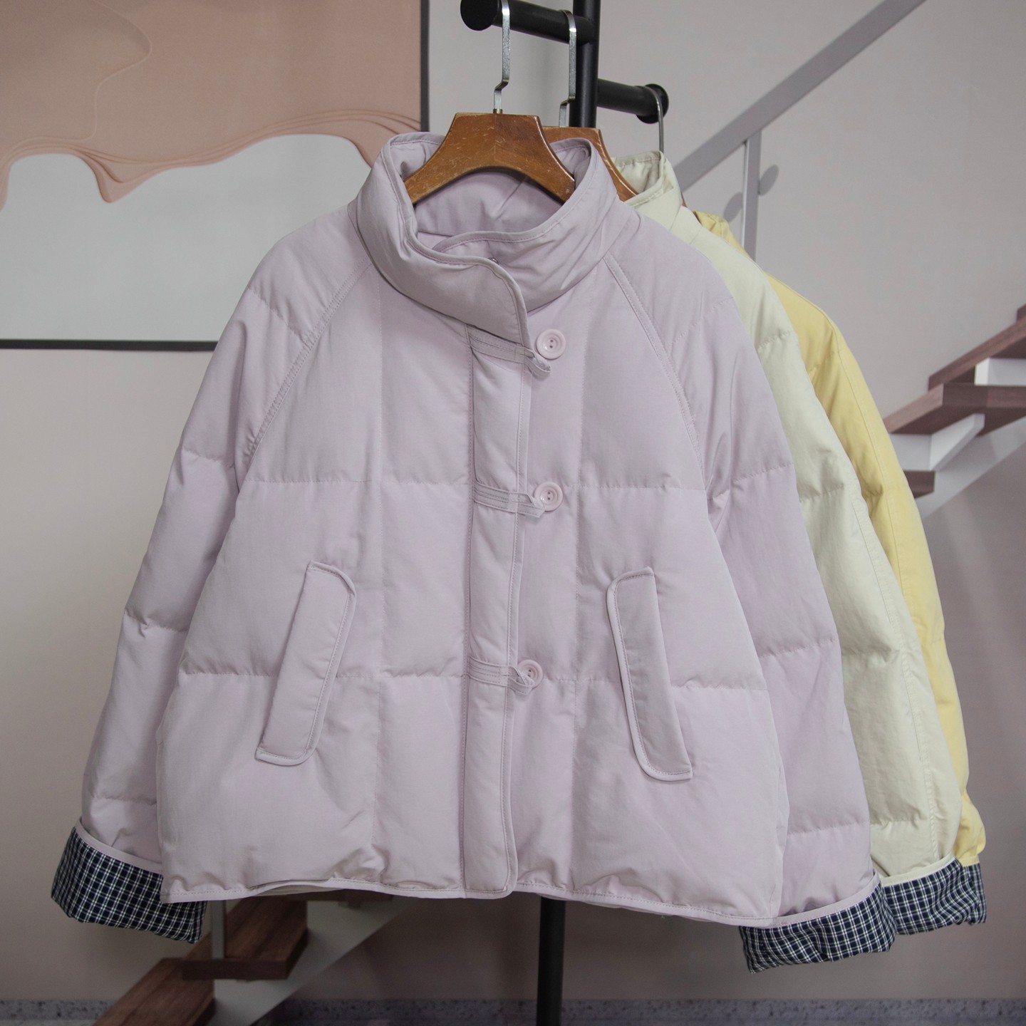 时尚立领宽松棉衣女2025冬季新款格纹卷边袖设计棉服减龄外套6001