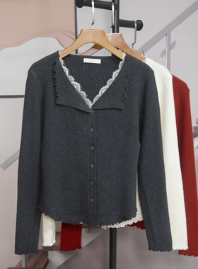 蕾丝拼接V领针织衫女2026春季新款修身显瘦百搭毛衣打底衫潮9930