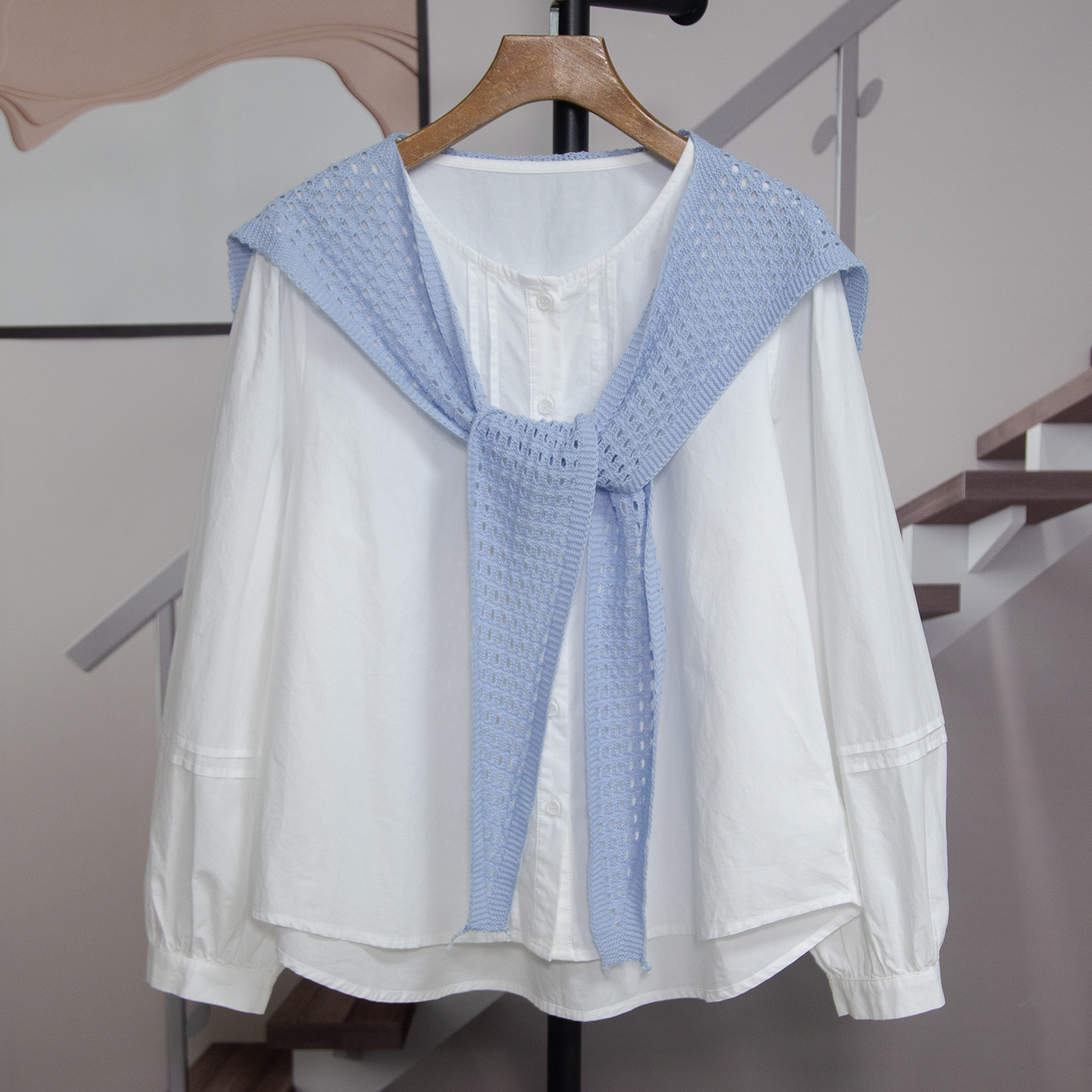 时尚洋气宽松百搭镂空针织披肩衬衫女2026春季新款长袖衬衣F2601