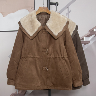 新款 2025冬季 显瘦收腰5060 洋气仿羊羔毛领麂皮绒棉服女中长款 时尚