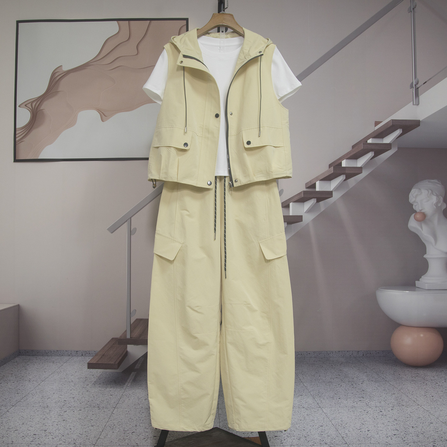 休闲连帽马甲短袖T恤工装裤三件套女2026夏季新款减龄套装潮7703