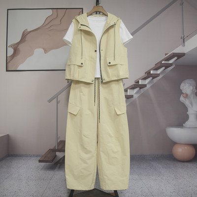 夏季连帽马甲T恤工装裤三件套女