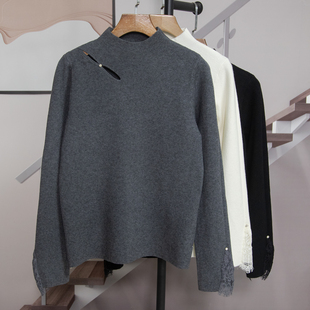 口针织衫 打底衫 女2025冬季 修身 显瘦7220 新款 镂空半高领蕾丝拼接袖