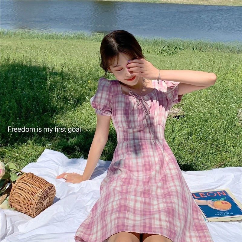 Skirt fairy super Sen Department 2021 new junior high school girls summer dress Bubble Sleeve Plaid Dress
