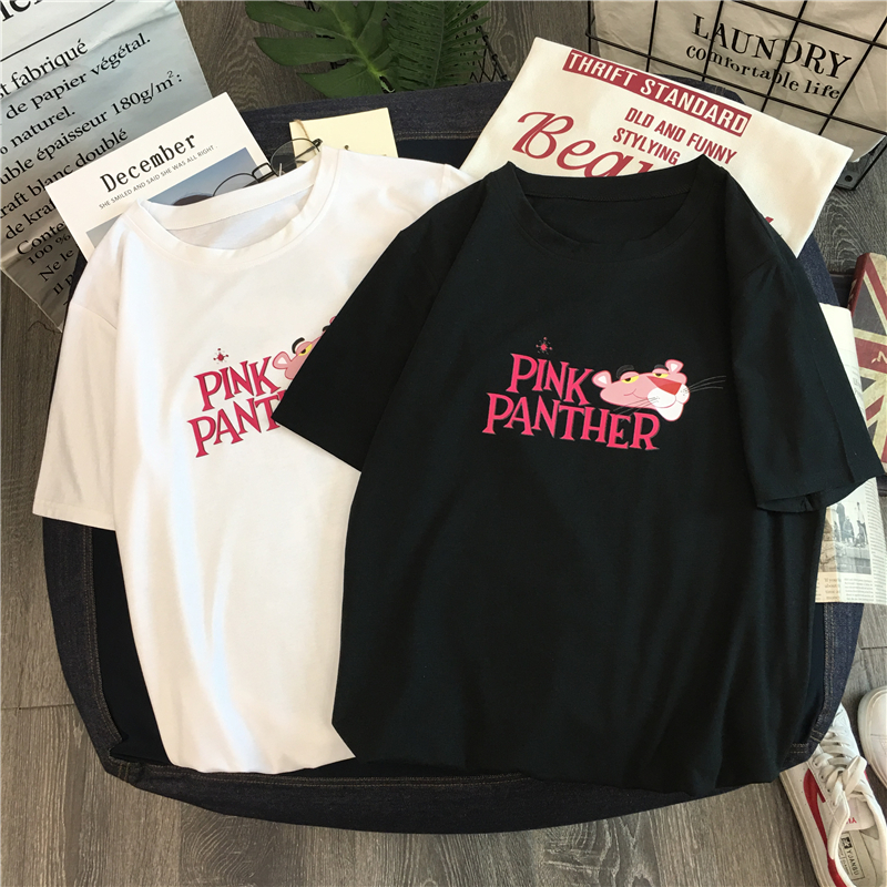 Bf Wind Cartoon Pink Panther Loose Couple Dress Short-sleeved T-shirt for Men and Women