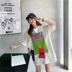 Real shot with small video medium length short sleeve T-shirt personalized stitching loose top